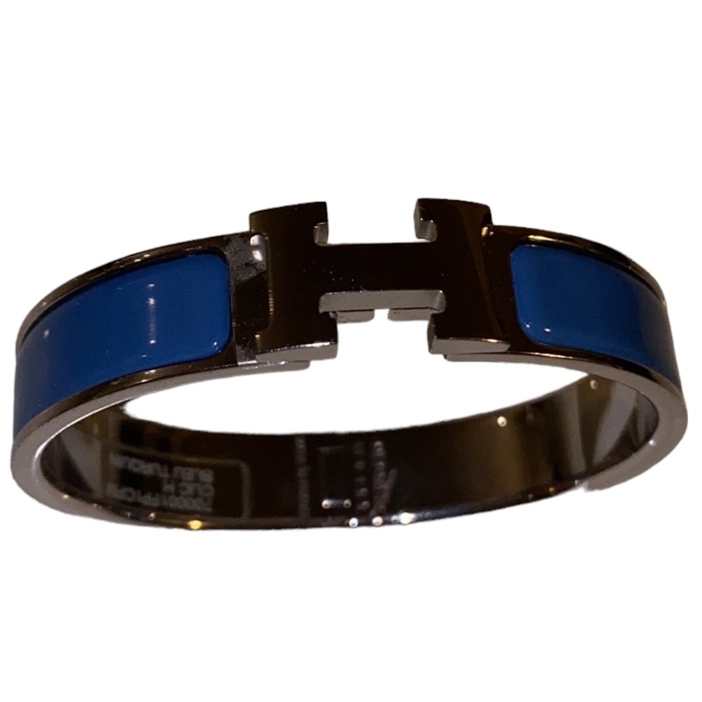 Hermes Paris silver blue Clic Clac H bleu turquin PM enamel bangle bracelet auth